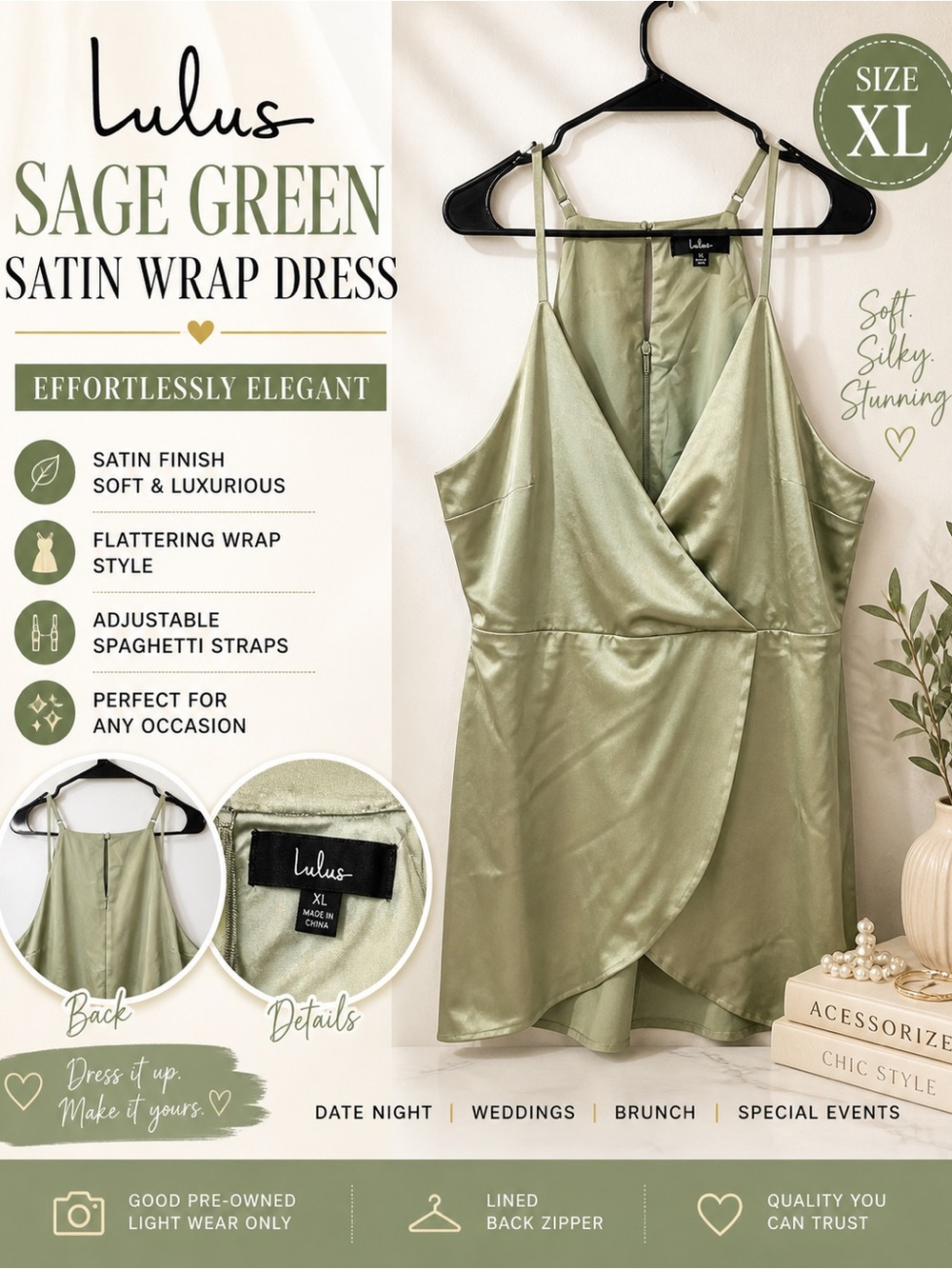 Lulu's Sage Green Satin Wrap Mini Dress